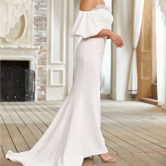 Giffniseti Off Shoulder Contrast Mesh Mermaid Hem Wedding Dress nwt - Picture 5 of 6